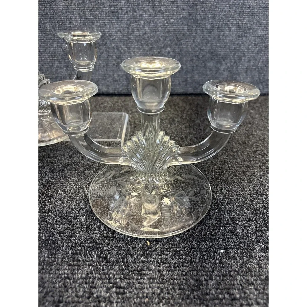 2~Vtg~Indiana Glass~Shell & Arch~3-Light Candlestick Holder